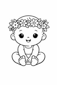 tegning af baby med blomsterkrans – cute pastel