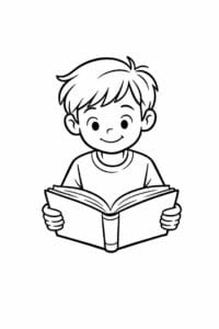 tegning af dreng der læser en bog – storybook illustration