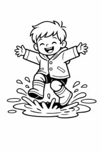 tegning af dreng der hopper i vandpytter – playful illustration