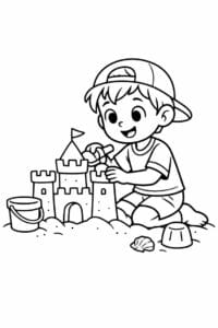 tegning af dreng der bygger sandslot – kids cartoon