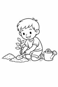 tegning af dreng der planter et træ – soft illustration