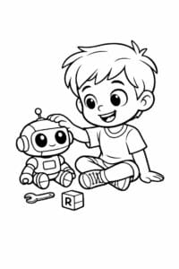 tegning af dreng der leger med en robot – modern cartoon