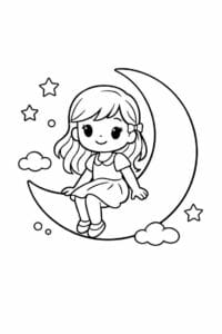 tegning af pige der sidder på en måne – dreamy cartoon