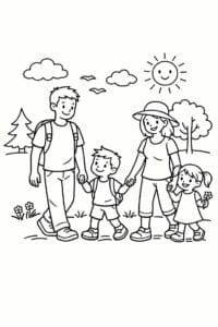 tegning af familie der går tur i naturen – storybook illustration