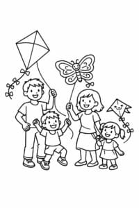 tegning af familie der flyver med drager – playful illustration