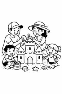 tegning af familie der bygger sandslot – summer cartoon