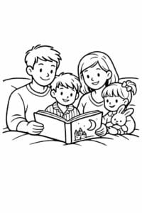 tegning af familie der læser godnathistorie – bedtime illustration