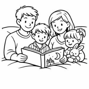 tegning af familie der læser godnathistorie - bedtime illustration