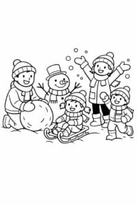 tegning af familie der leger i sneen – winter illustration