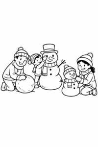tegning af familie der bygger snemænd – playful cartoon