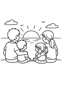 tegning af familie der ser solnedgang – warm illustration