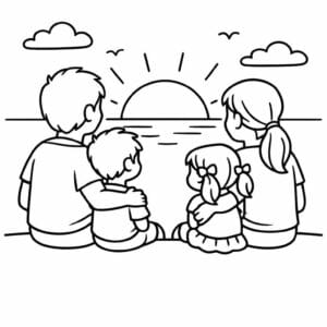 tegning af familie der ser solnedgang - warm illustration