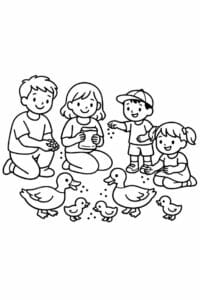tegning af familie der fodrer ænder – kids illustration