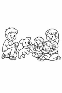 tegning af familie der leger med hund – cute illustration