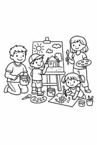 tegning af familie der maler sammen – doodle style