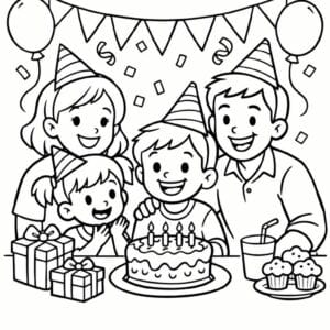 tegning af familie der fejrer fødselsdag - festive cartoon
