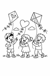 tegning af venner der flyver med drager – kids illustration
