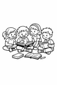 tegning af venner der læser sammen – storybook style