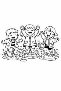 tegning af venner der hopper i vandpytter – playful illustration