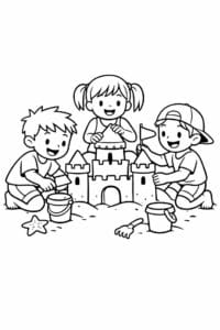 tegning af venner der bygger sandslot – summer cartoon