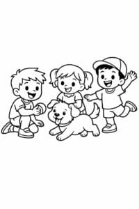 tegning af venner der leger med en hund – cute cartoon