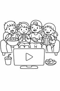 tegning af venner der ser film sammen – cozy illustration