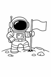 tegning af astronaut der planter et flag på månen – cartoon illustration