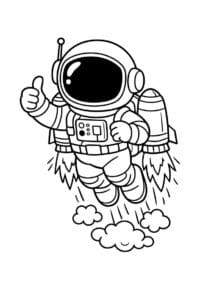 tegning af astronaut der flyver med jetpack – playful cartoon