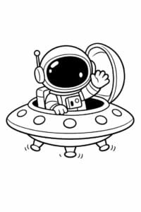 tegning af astronaut der vinker fra en UFO – cute cartoon