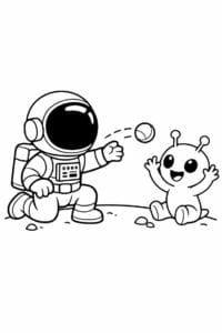 tegning af astronaut der leger med en alien – cute cartoon