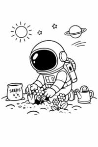 tegning af astronaut der planter blomster på en planet – whimsical cartoon