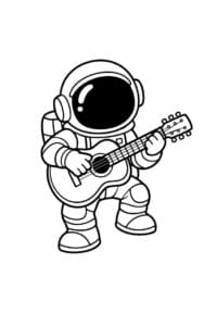 tegning af astronaut der spiller guitar i rummet – playful cartoon