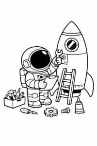 tegning af astronaut der bygger en raket – kids illustration