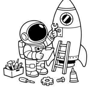 tegning af astronaut der bygger en raket - kids illustration