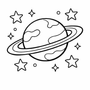 tegning af planet med ringe og stjerner - kids illustration