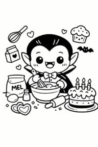 tegning af Vampyr der bager kage – kawaii