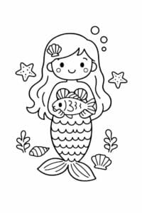 tegning af Havfrue med fisk – flat illustration