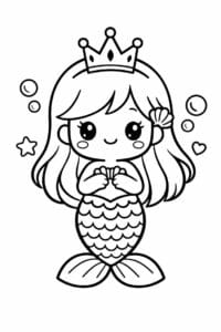 tegning af Havfrue med krone – kawaii