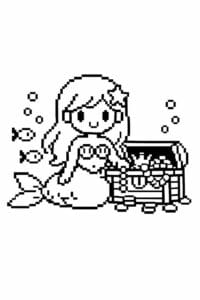 tegning af Havfrue med skattekiste – pixel art