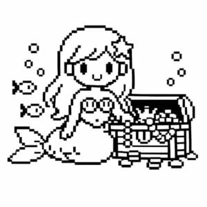 tegning af Havfrue med skattekiste - pixel art