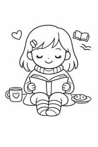 tegning af Cozy girl læser – soft pastel