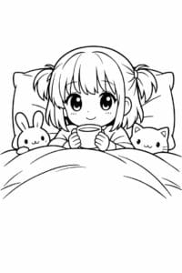tegning af Cozy girl i seng – anime