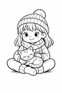 tegning af Cozy girl med kat – storybook