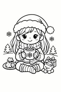tegning af Cozy girl jul – cute cartoon