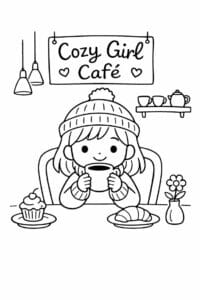tegning af Cozy girl café – watercolor