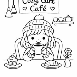 tegning af Cozy girl café - watercolor