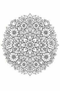 tegning af Blomster mandala – line art