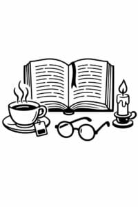 tegning af Cozy book and tea – bold and easy