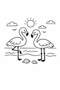 tegning af Flamingo på strand – Minimalist