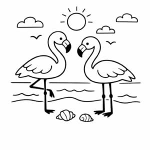 tegning af Flamingo på strand - Minimalist